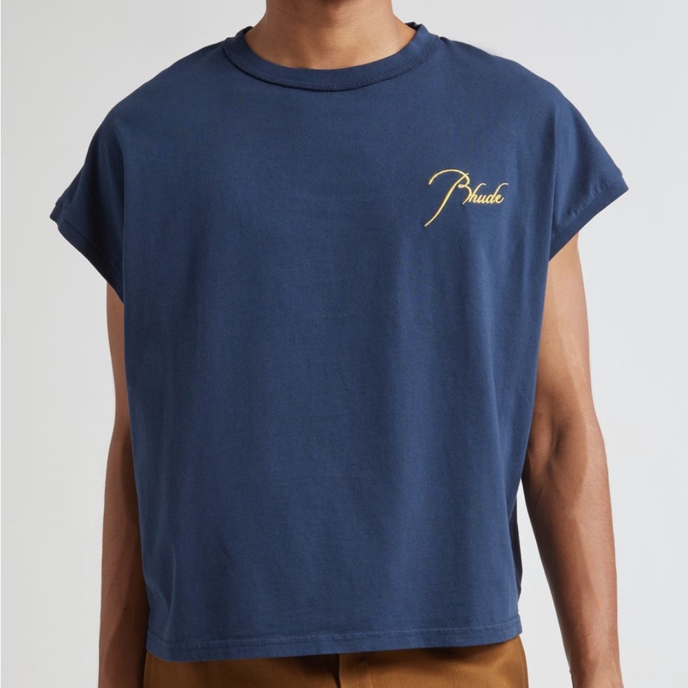 NWT Rhude Classique Cutoff Graphic Navy & Yellow Men's T-Shirt